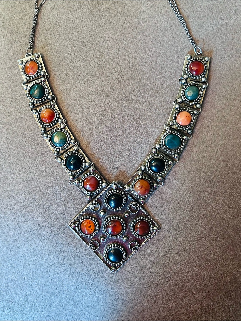 Volm Boho Multi-Stone Pendant Statement Necklace - Orange, Teal & Black